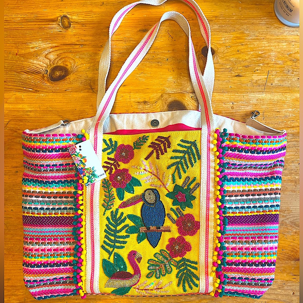 America and Beyond beaded LIMITED edition Parrot Flowers large tote.
